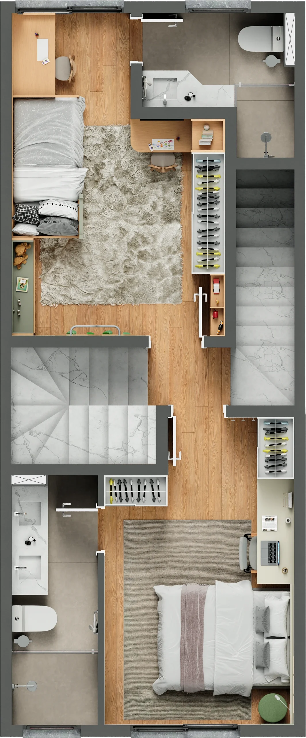 Planta humanizada do segundo pavimento da casa de 3 dormitórios