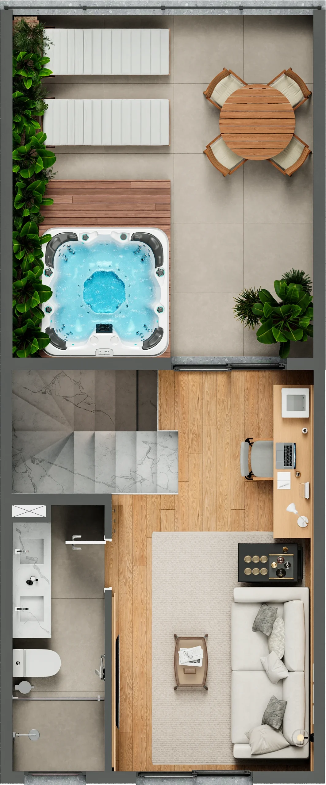 Opção de planta com estar íntimo no terceiro pavimento da casa de 3 dormitórios