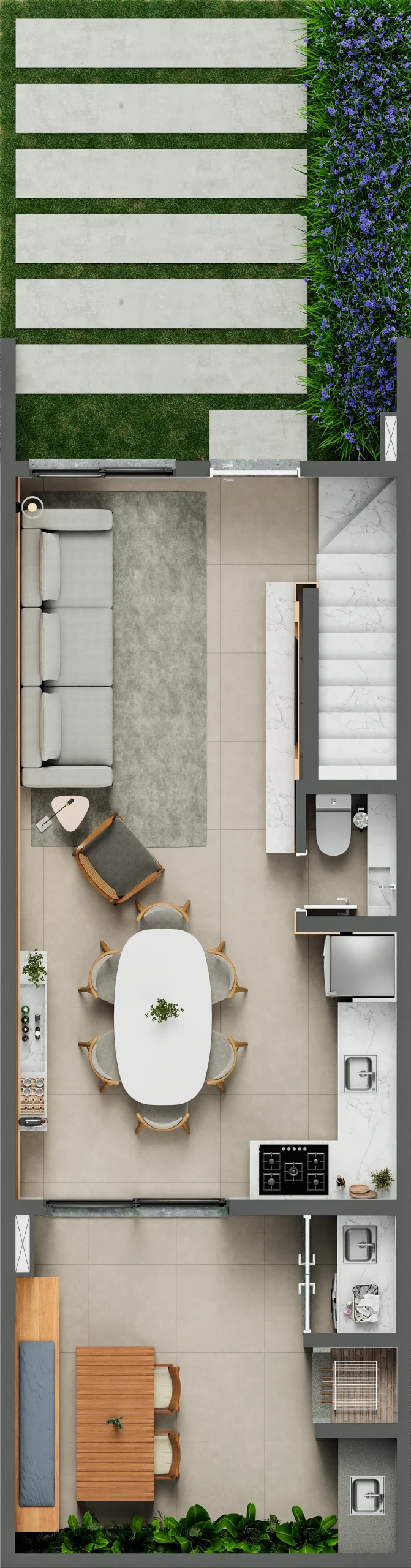 Planta humanizada do térreo da casa de 3 dormitórios