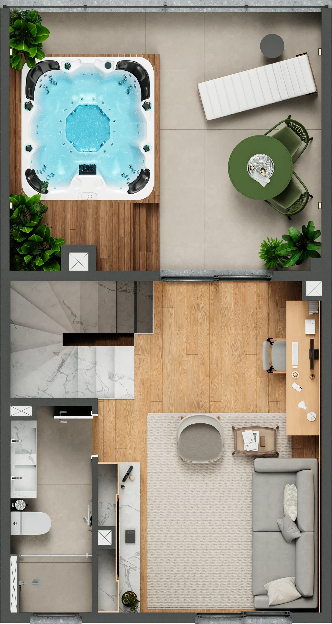 Opção de planta com estar íntimo no terceiro pavimento da casa de 4 dormitórios